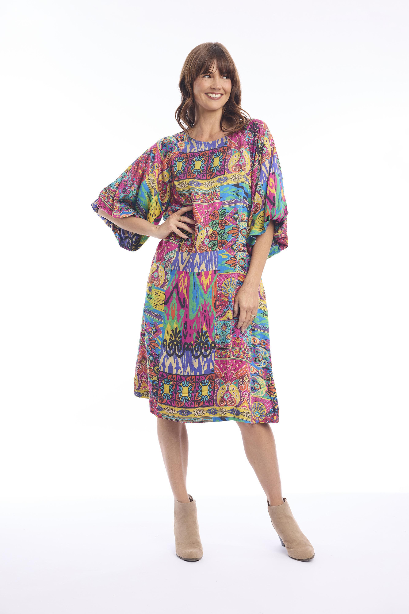 Antigua Dress Shift Bubble Sleeve Print