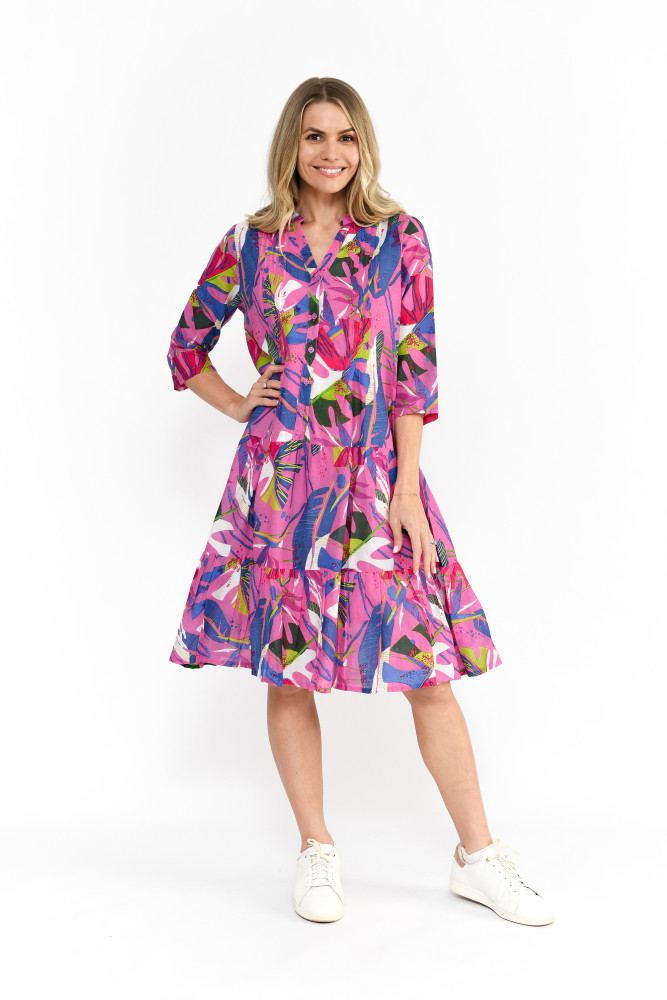 Beth Dress Pleated Drop Waist Abstract Tropical 2