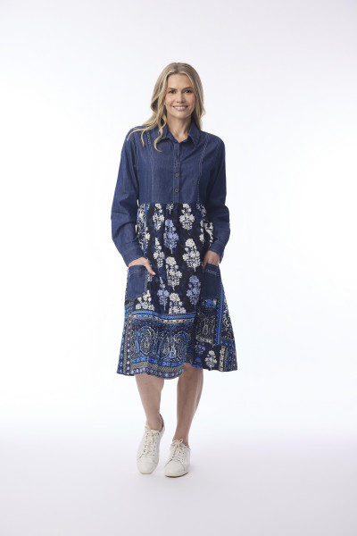 Bhadoi Dress Denim Mix Print