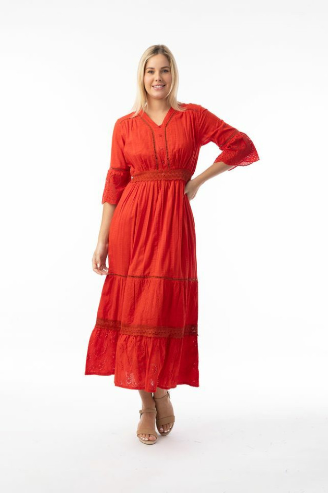 Broderie Essentials Dress Maxi V Red