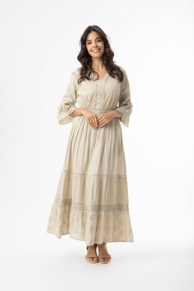 Broderie Essentials Dress Maxi V Sand