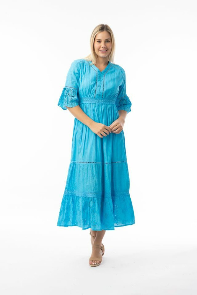 Broderie Essentials Dress Maxi V TURQ