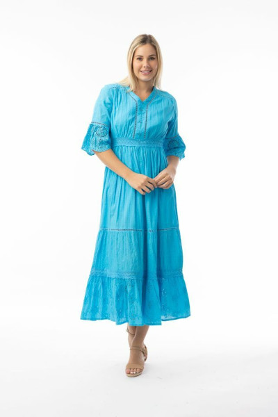 Broderie Essentials Dress Maxi V TURQ