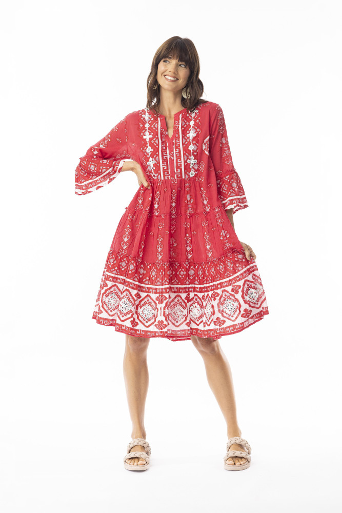 Carla Red Dress Layers Frill Sleeve Red