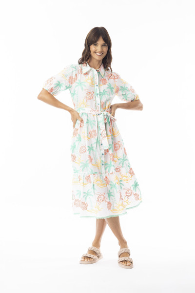 Coral Dress Collar Elbow Sleeve Print