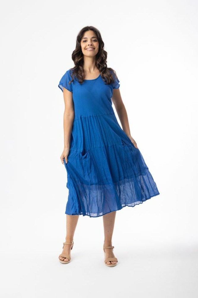 Cotton Gauze Essentials Dress Bias Pockets Blue
