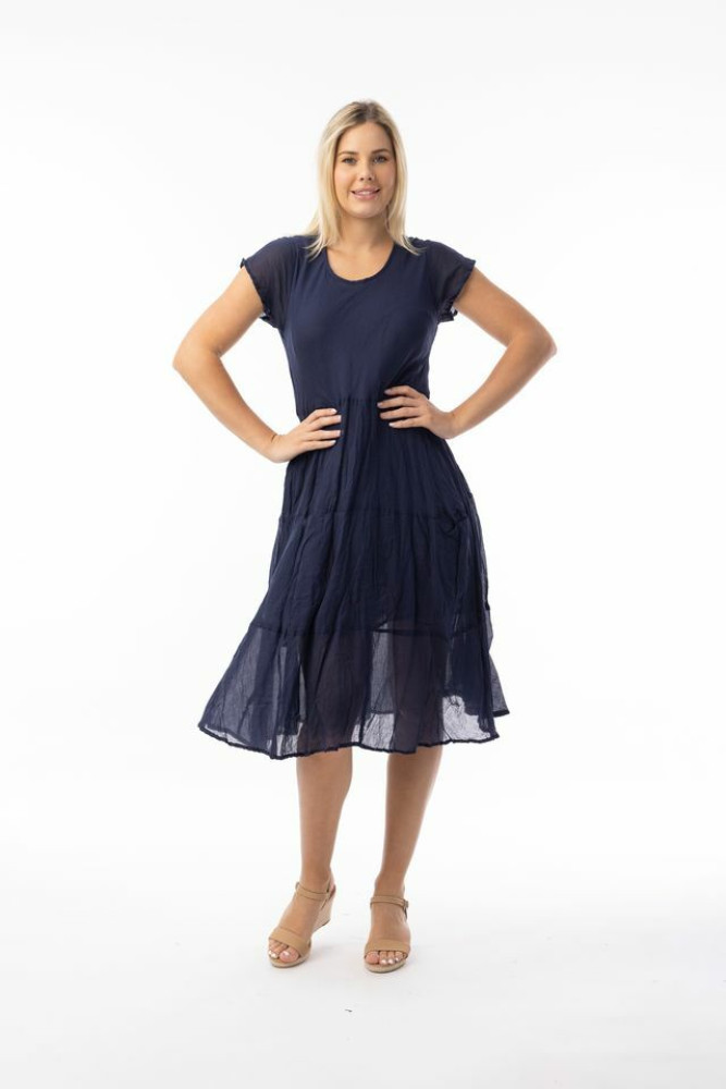 Cotton Gauze Essentials Dress Bias Pockets Navy