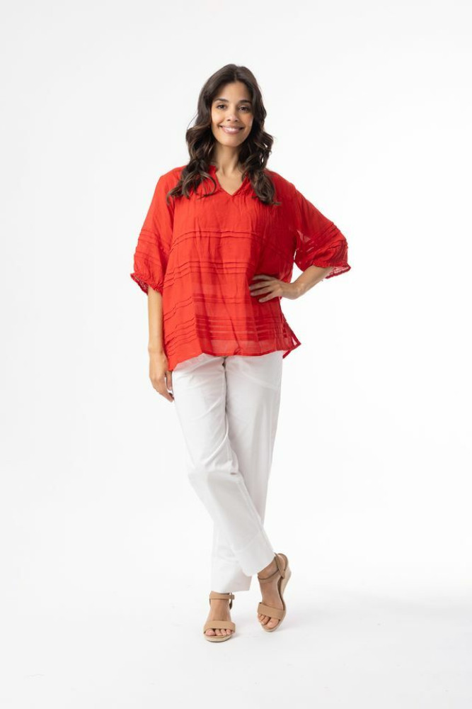Cotton Gauze Essentials Top Pleated Red