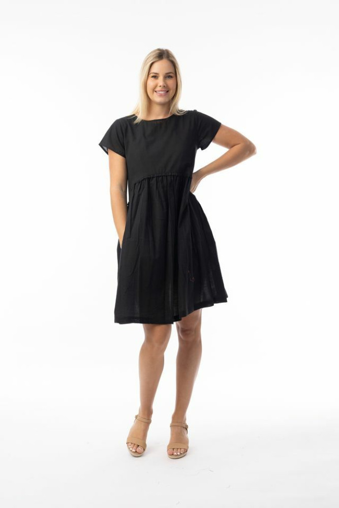 Cotton Slub Essentials Dress Gathered Waist Black