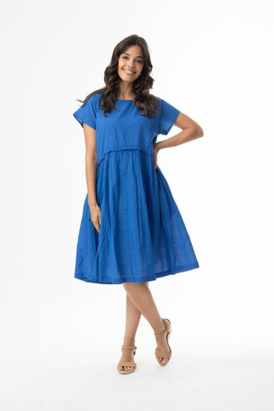 Cotton Slub Essentials Dress Gathered Waist Blue
