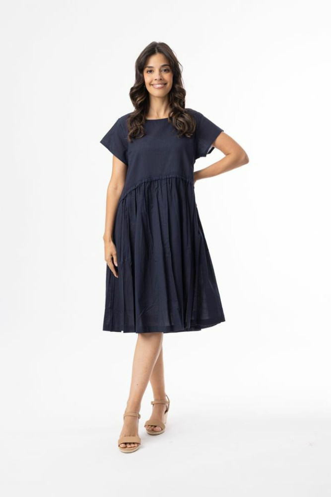 Cotton Slub Essentials Dress Gathered Waist Navy