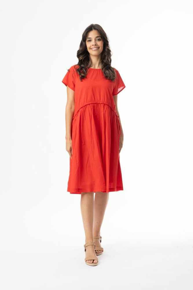 Cotton Slub Essentials Dress Gathered Waist Red