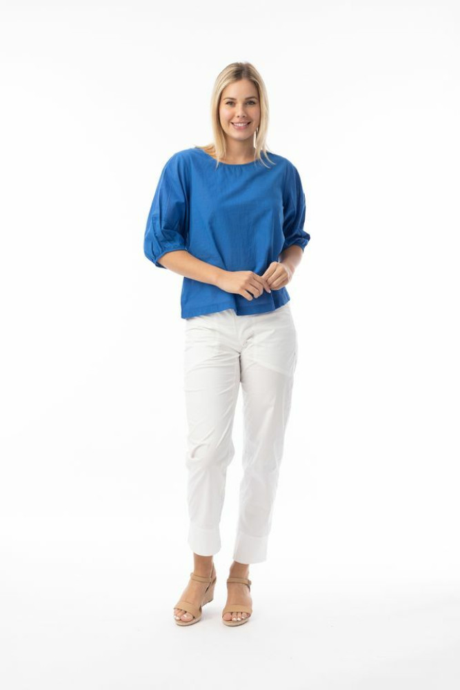 Cotton Slub Essentials Top Puff Sleeve Blue