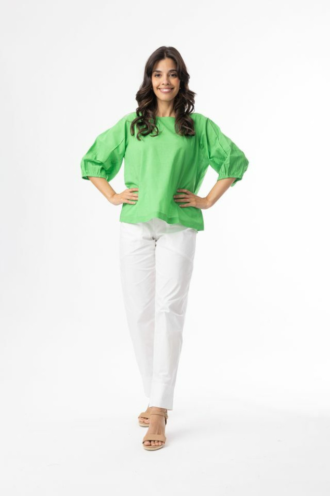Cotton Slub Essentials Top Puff Sleeve Green