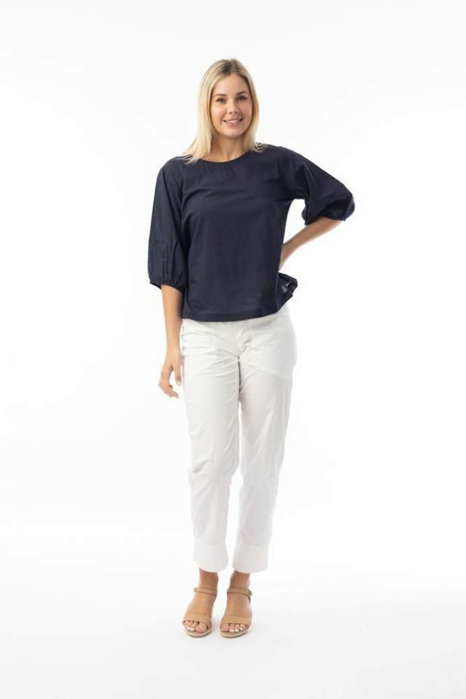 Cotton Slub Essentials Top Puff Sleeve Navy