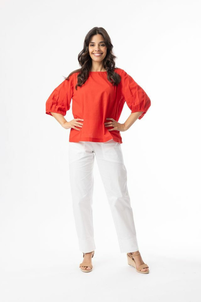 Cotton Slub Essentials Top Puff Sleeve Red