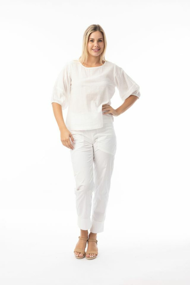 Cotton Slub Essentials Top Puff Sleeve White