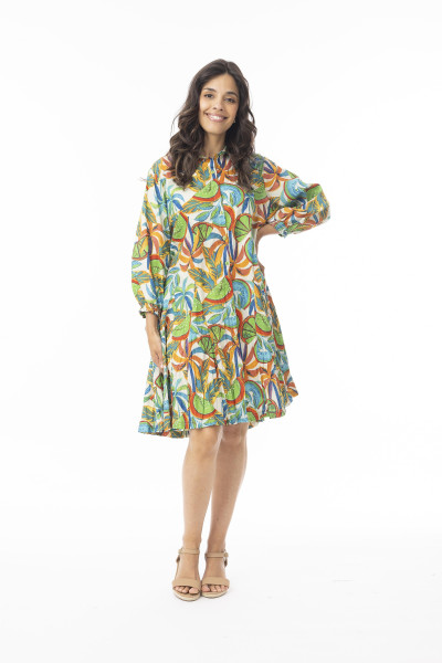 Curacao Dress Collar Shirred Sleeve Print
