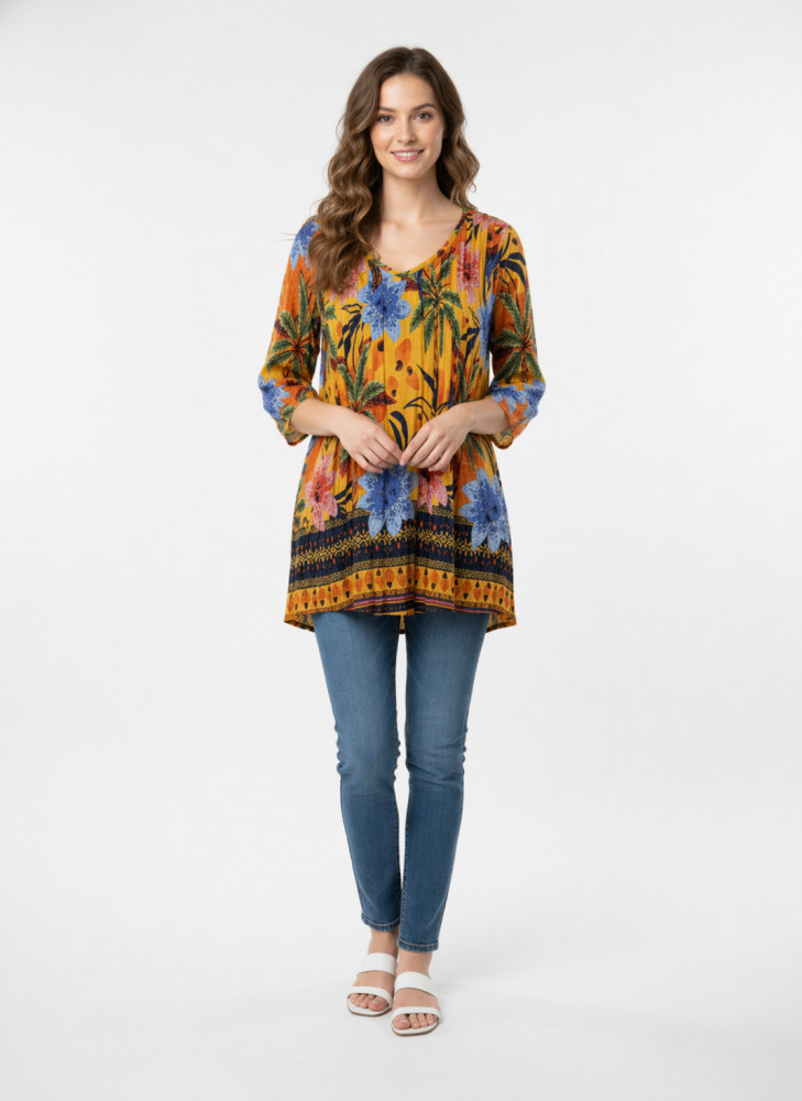 Tina V neck Pleated Top 3/4 Sleeve Palm Parrot 3