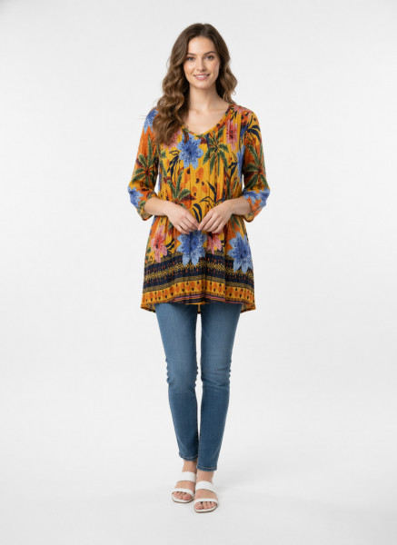 Tina V neck Pleated Top 3/4 Sleeve Palm Parrot 3