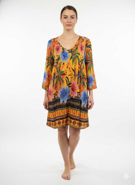 Tina V neck Pleated Top 3/4 Sleeve Palm Parrot 3