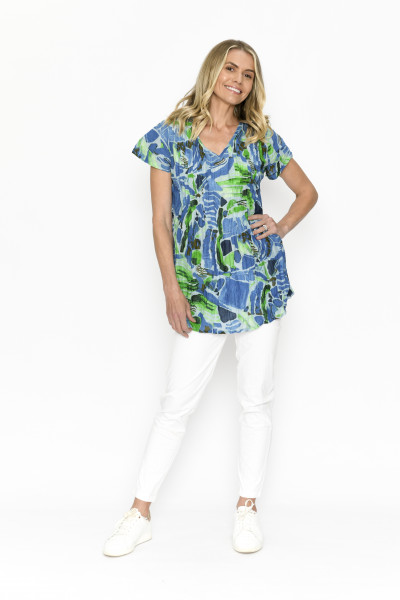 Kayla Cotton Blouse Short Sleeve Abstract Aqua