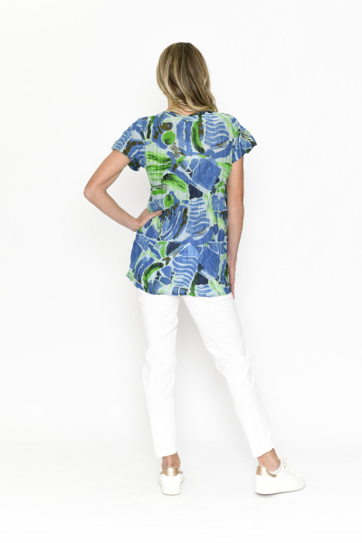 Kayla Cotton Blouse Short Sleeve Abstract Aqua