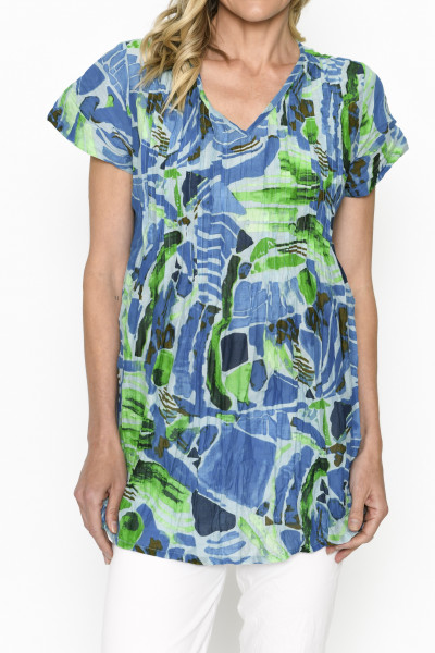 Kayla Cotton Blouse Short Sleeve Abstract Aqua