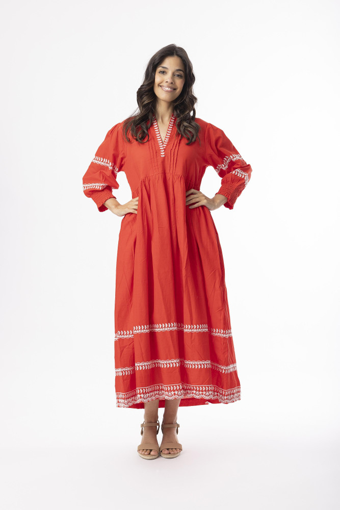 Embroidered Essentials Dress Elbow Sleeve Midi Red