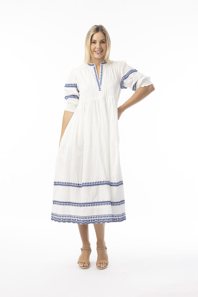 Embroidered Essentials Dress Elbow Sleeve Midi White