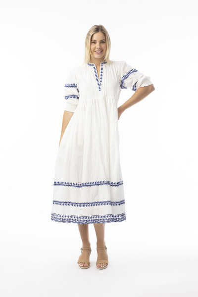 Embroidered Essentials Dress Elbow Sleeve Midi White
