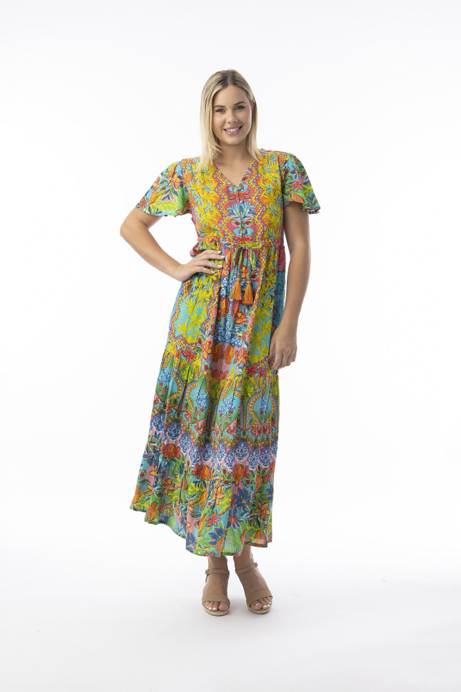 Fortaleza Dress Maxi Tie Waist Short Sleeve Print