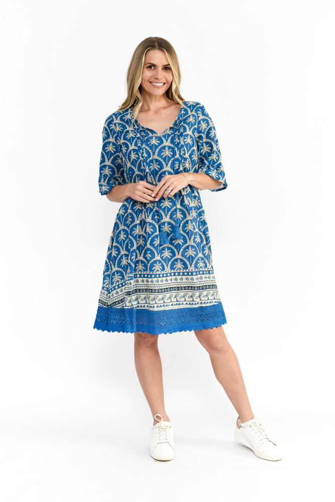 Hannah Tunic Boho Short Sleeve Palm Border Denim