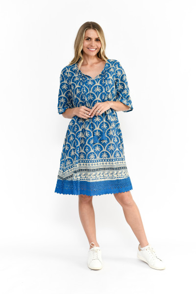 Hannah Tunic Boho Short Sleeve Palm Border Denim