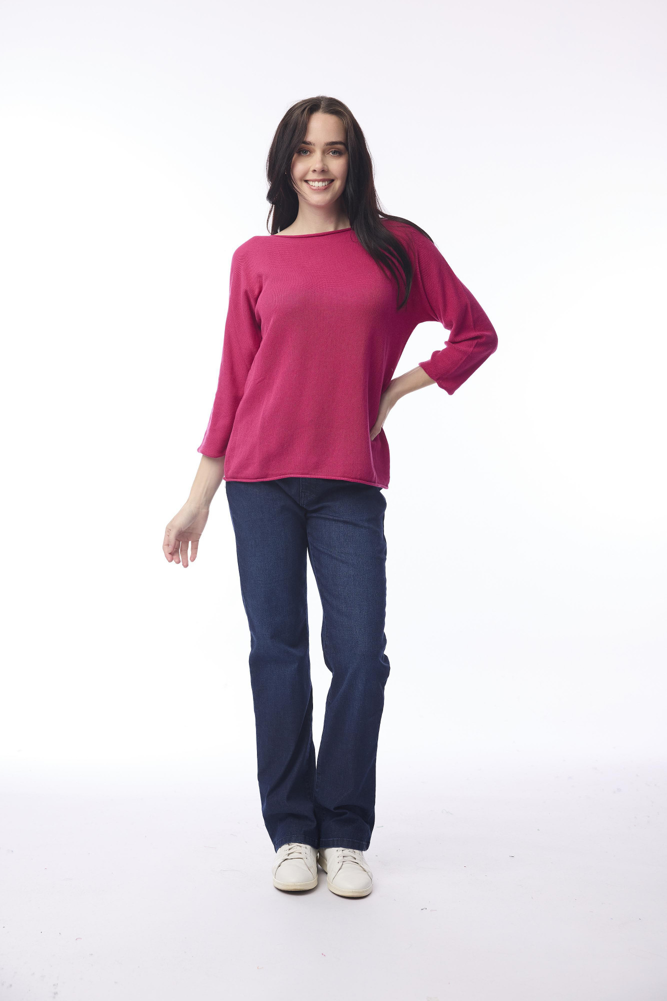 Knit Top Boat Neck 3/4 Slv Hot Pink