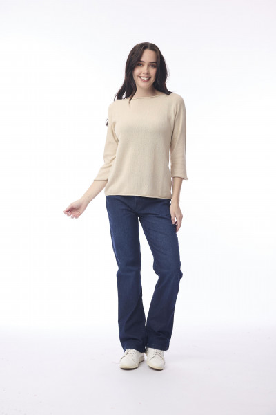 Knit Top Boat Neck 3/4 Slv Natural Melange