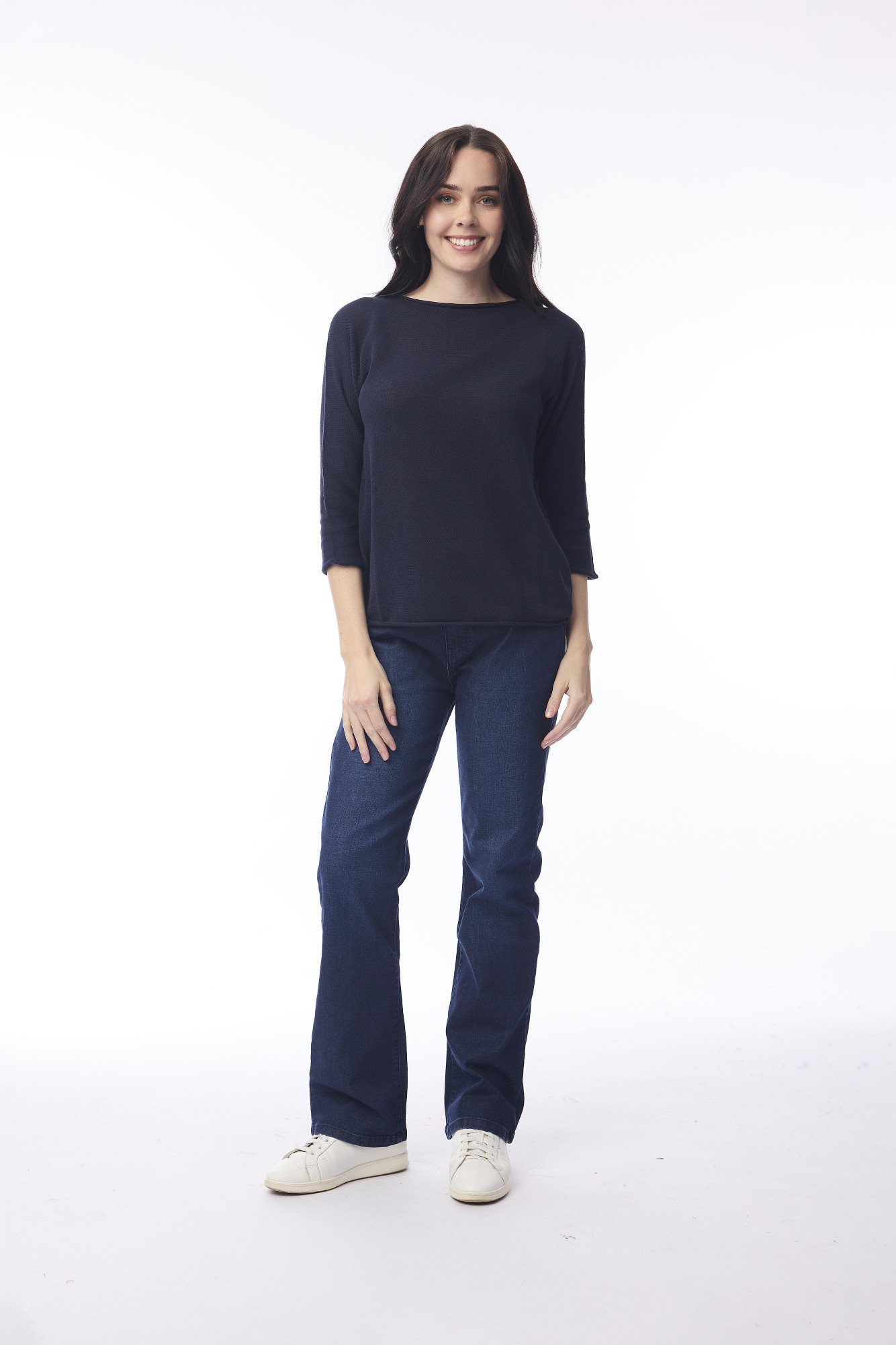 Knit Top Boat Neck 3/4 Slv Navy