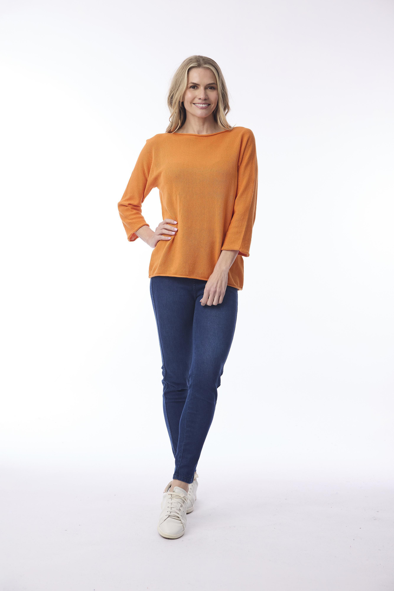 Knit Top Boat Neck 3/4 Slv Orange