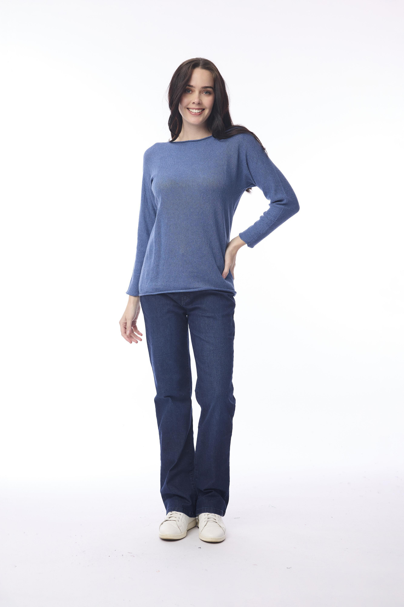 Knit Top Boat Neck Long Slv Denim Melange