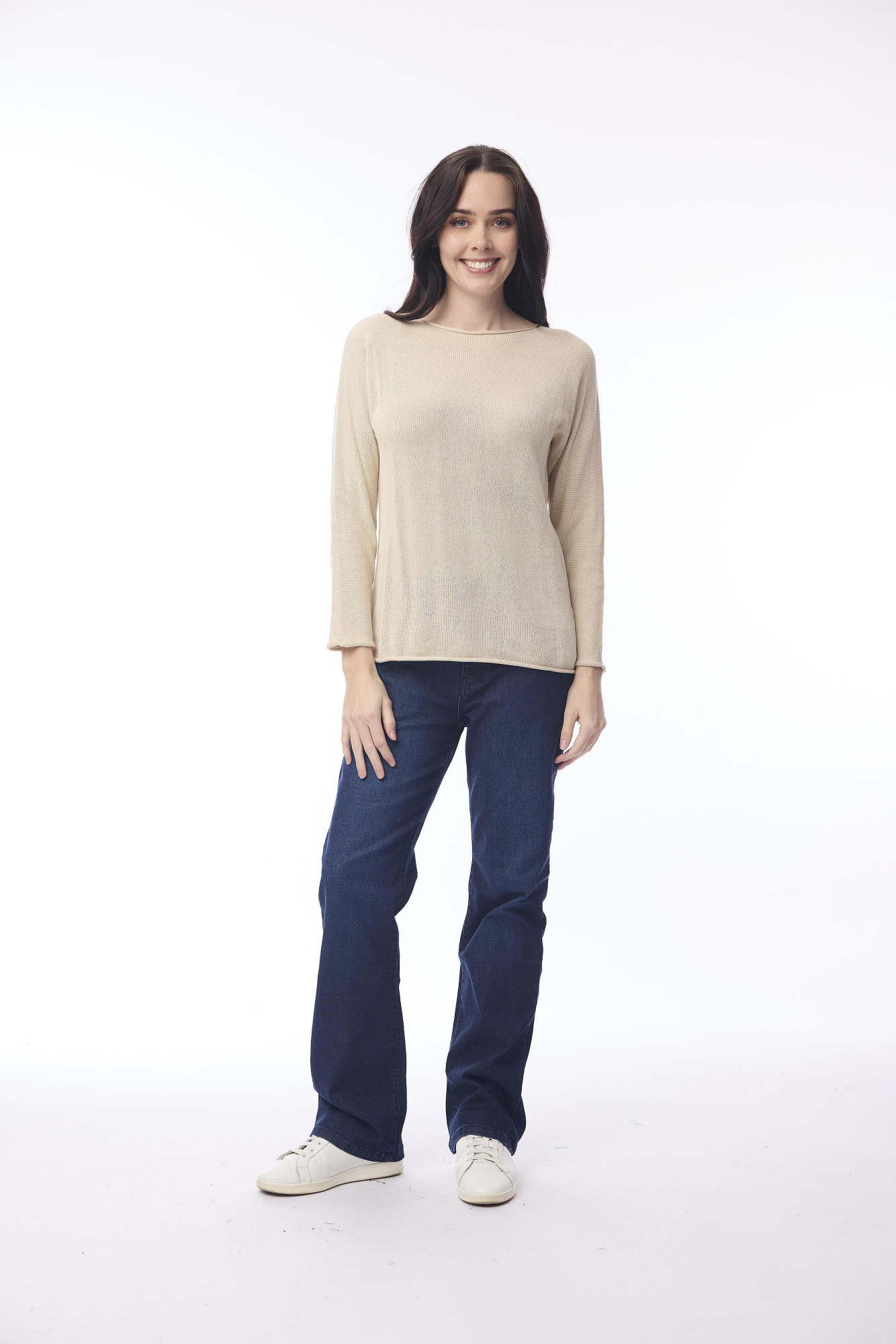 Knit Top Boat Neck Long Slv Natural Melange