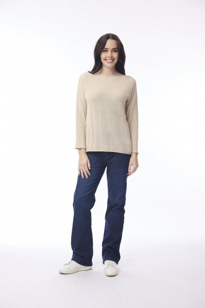 Knit Top Boat Neck Long Slv Natural Melange