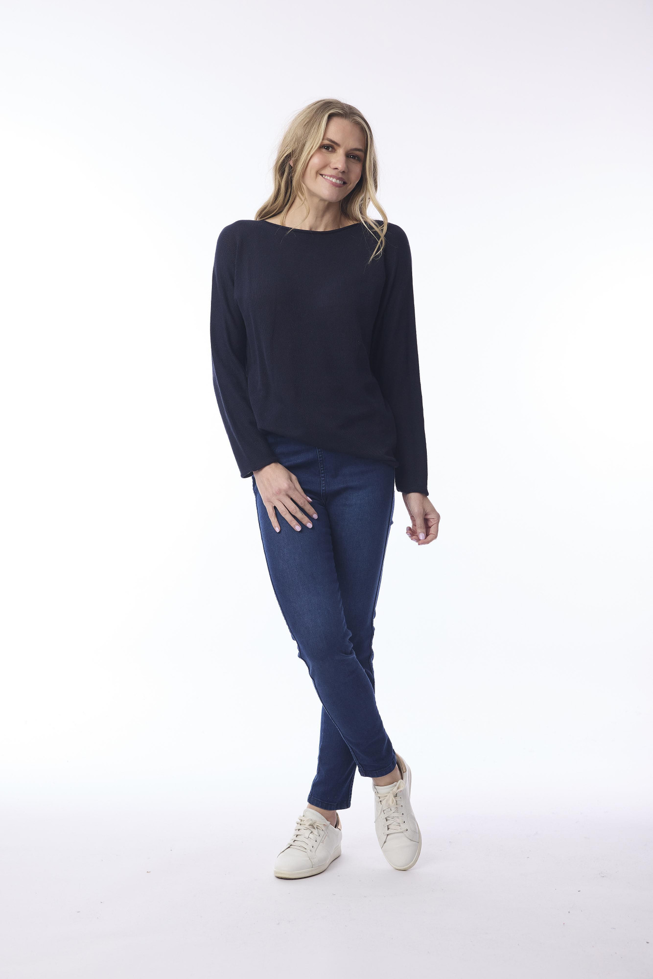 Knit Top Boat Neck Long Slv Navy