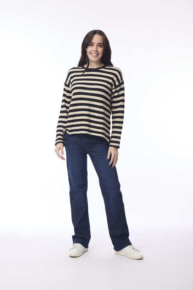 Knit Top R-neck Stripe Slub Black/Natural