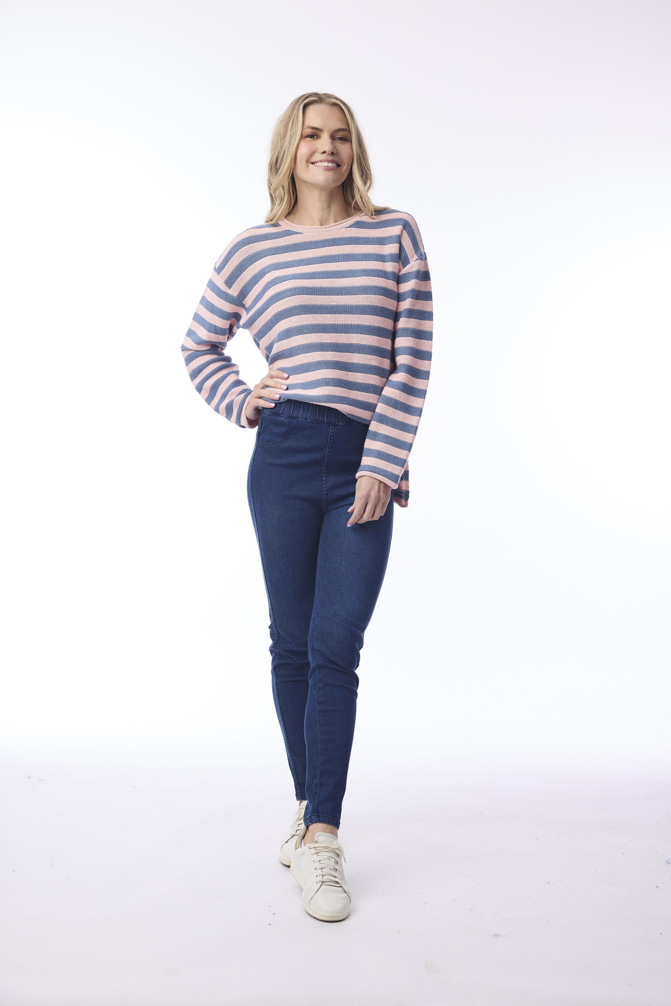 Knit Top R-neck Stripe Slub Blush Pink/Denim