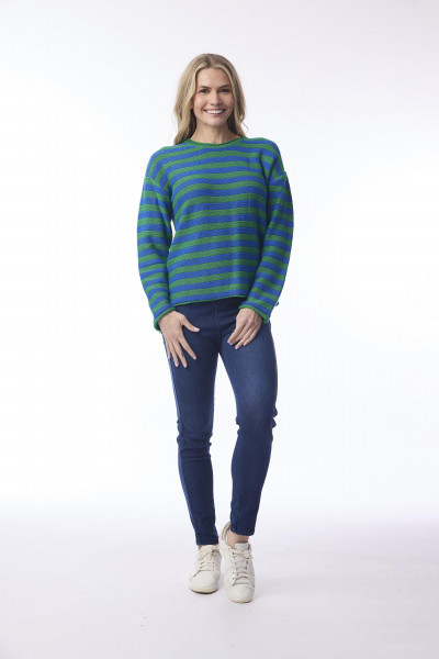 Knit Top R-neck Stripe Slub Cobalt/Green