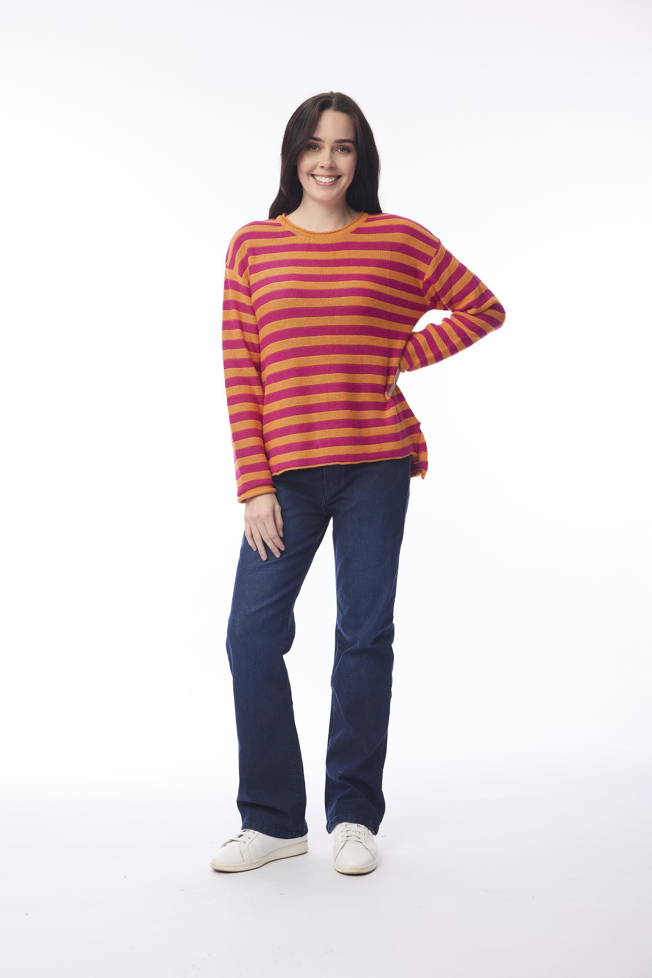 Knit Top R-neck Stripe Slub Orange/Hot Pink