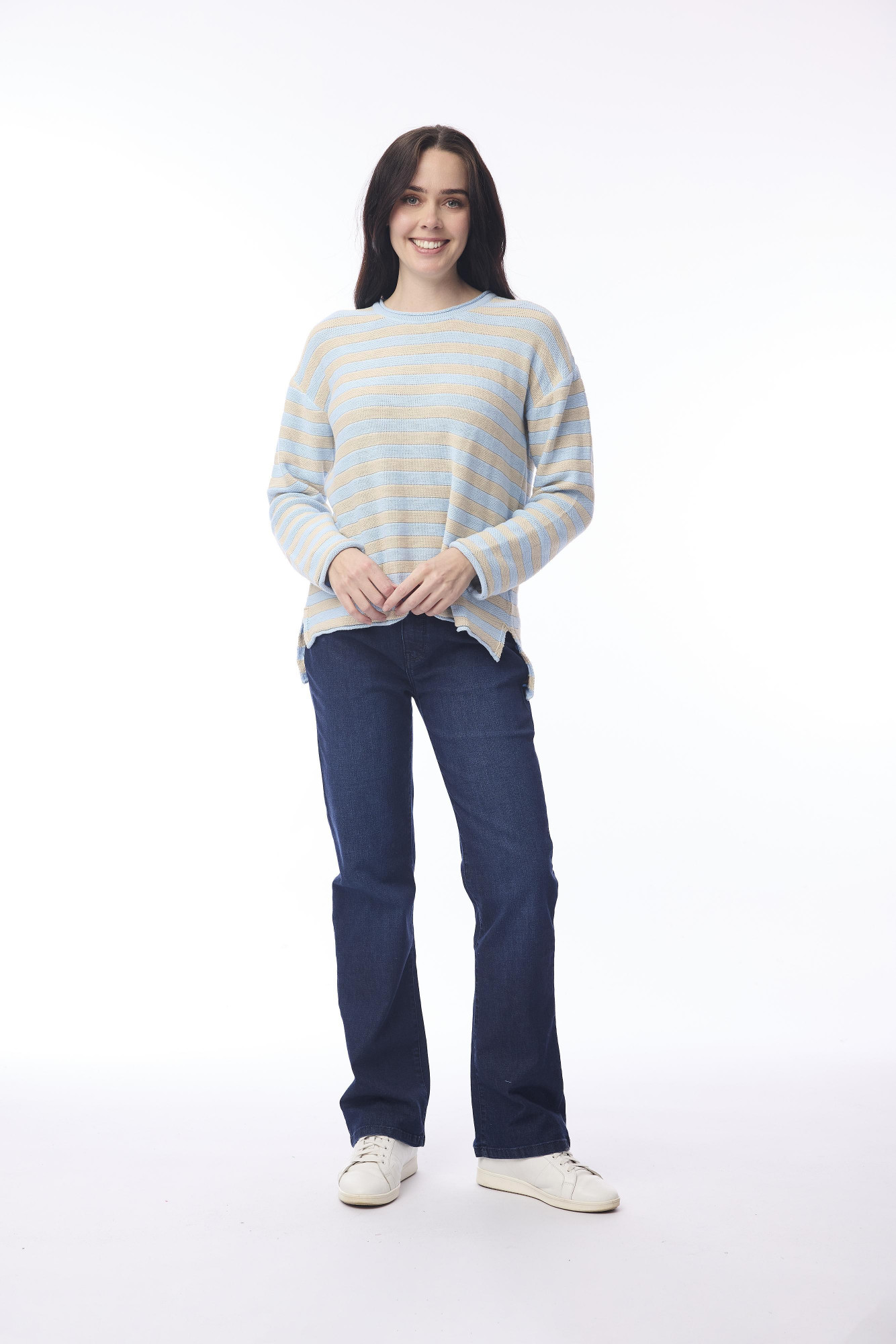 Knit Top R-neck Stripe Slub Powder Blue/Natural
