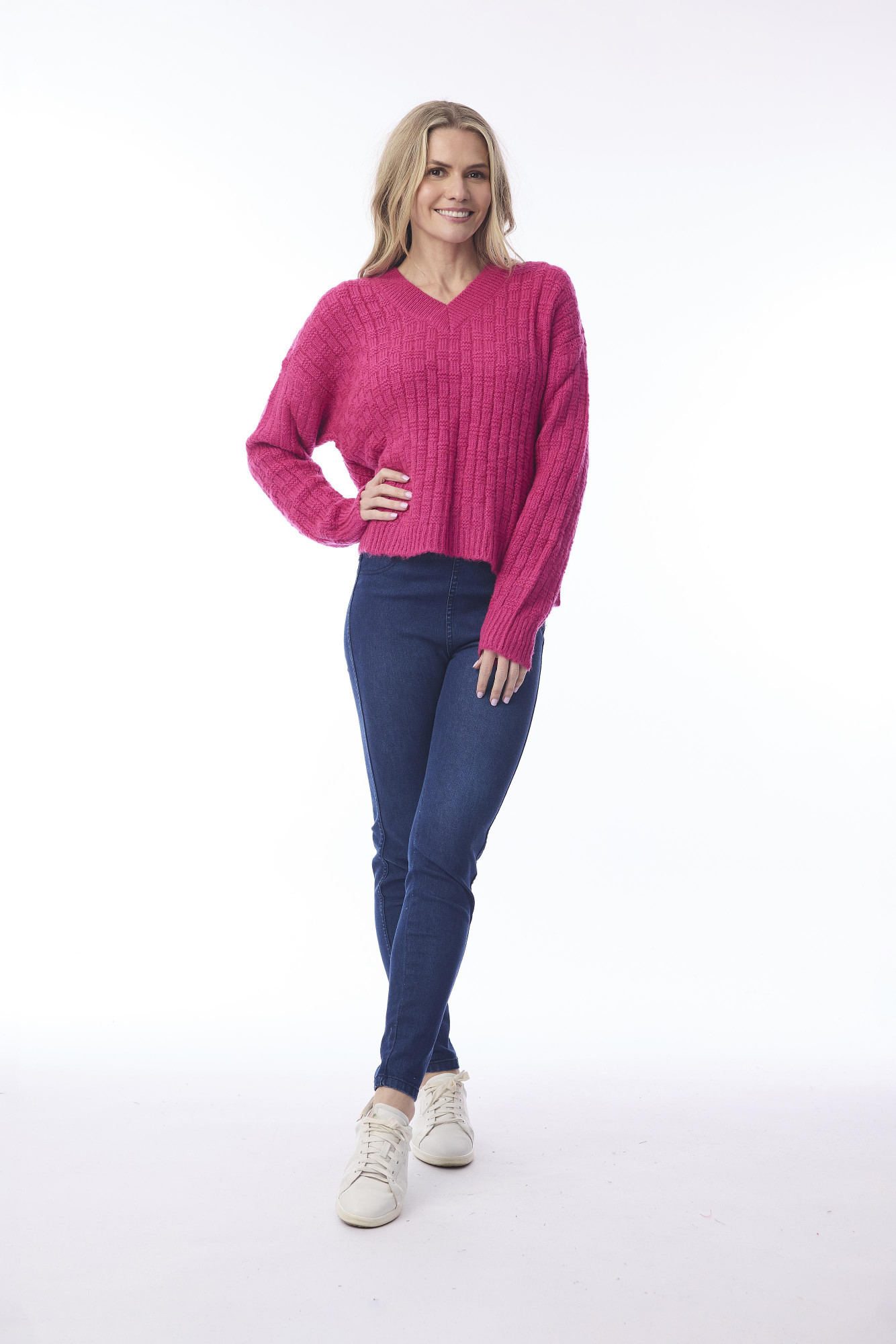 Wool Jumper V Neckline Hot Pink