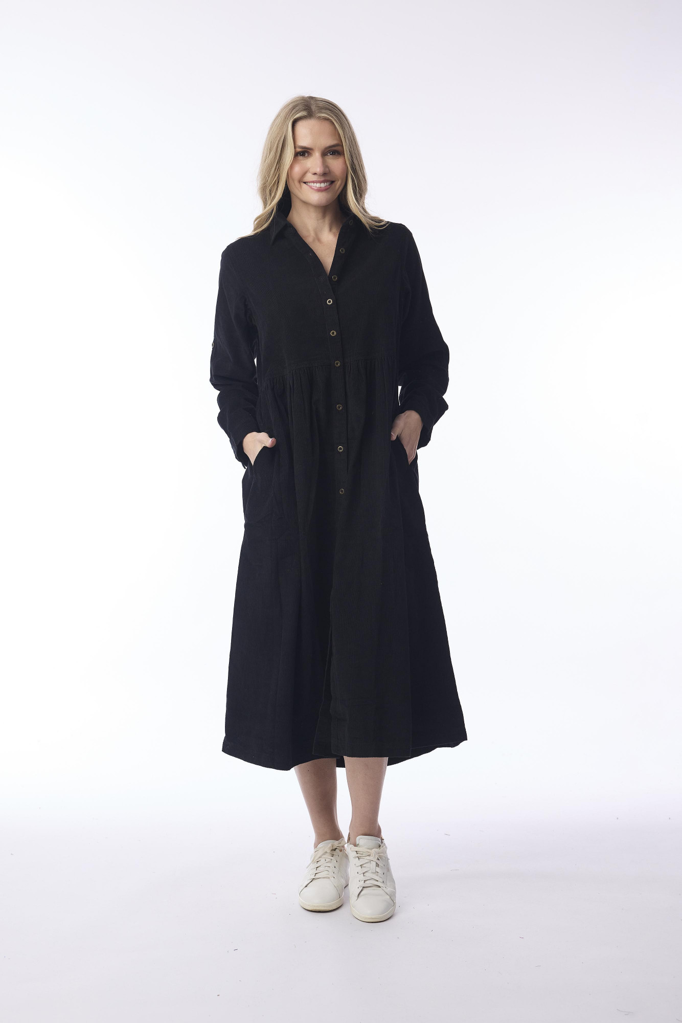 Cord Solid Dress Collar Buttons Black