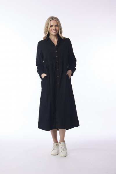 Cord Solid Dress Collar Buttons Black